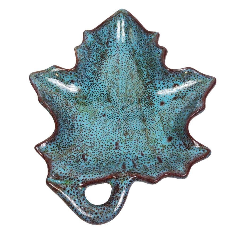 Studio Art Pottery Leaf Trinket Dish Glazed Ceramic 10" Green Brown Signed Dukes